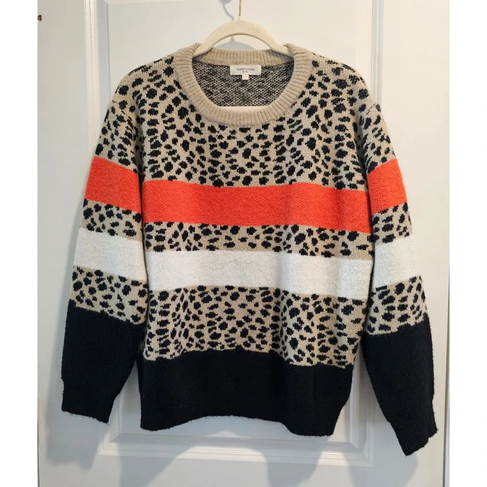 Women's 1X2X Leopard Color Block Crew Neck‎ Pullover Sweater Fall Cozycore Comfy